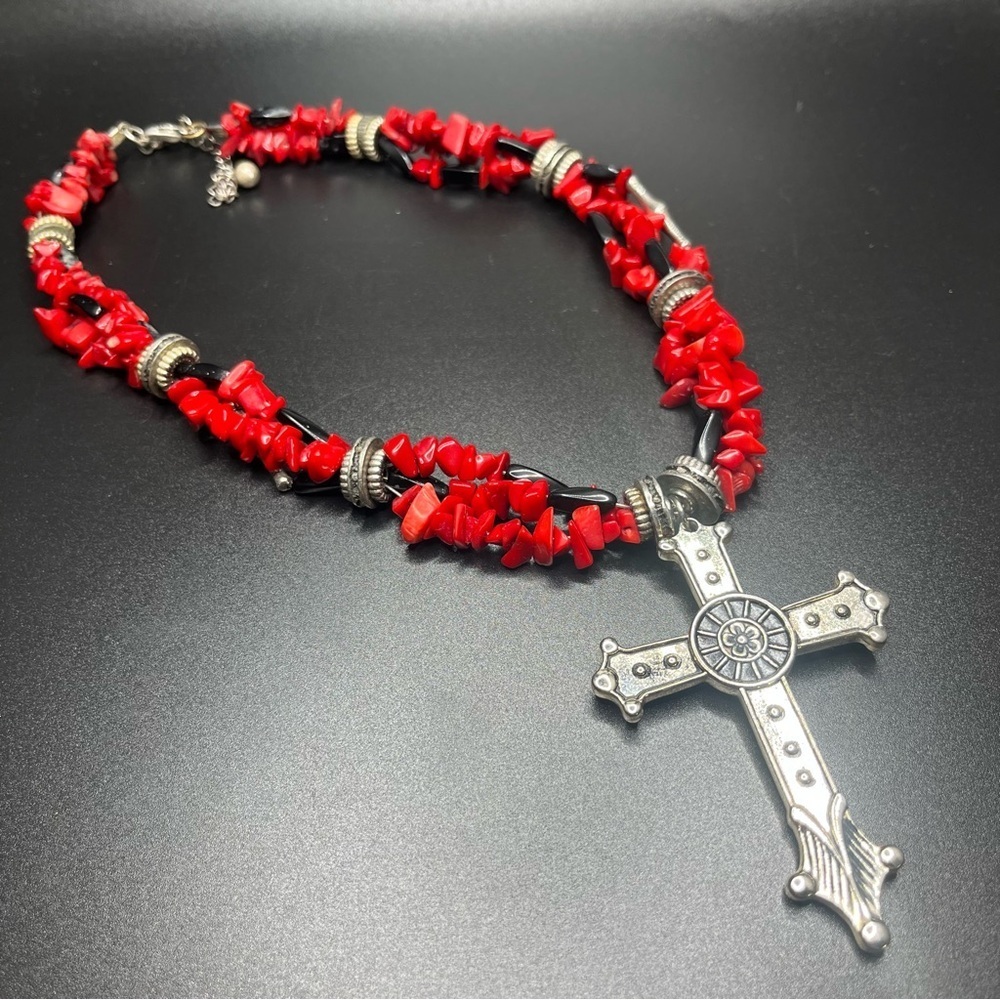 Y2K-era necklace/red stone chips, sterling silver clasp and long spacers. Unisex - Picture 5 of 10